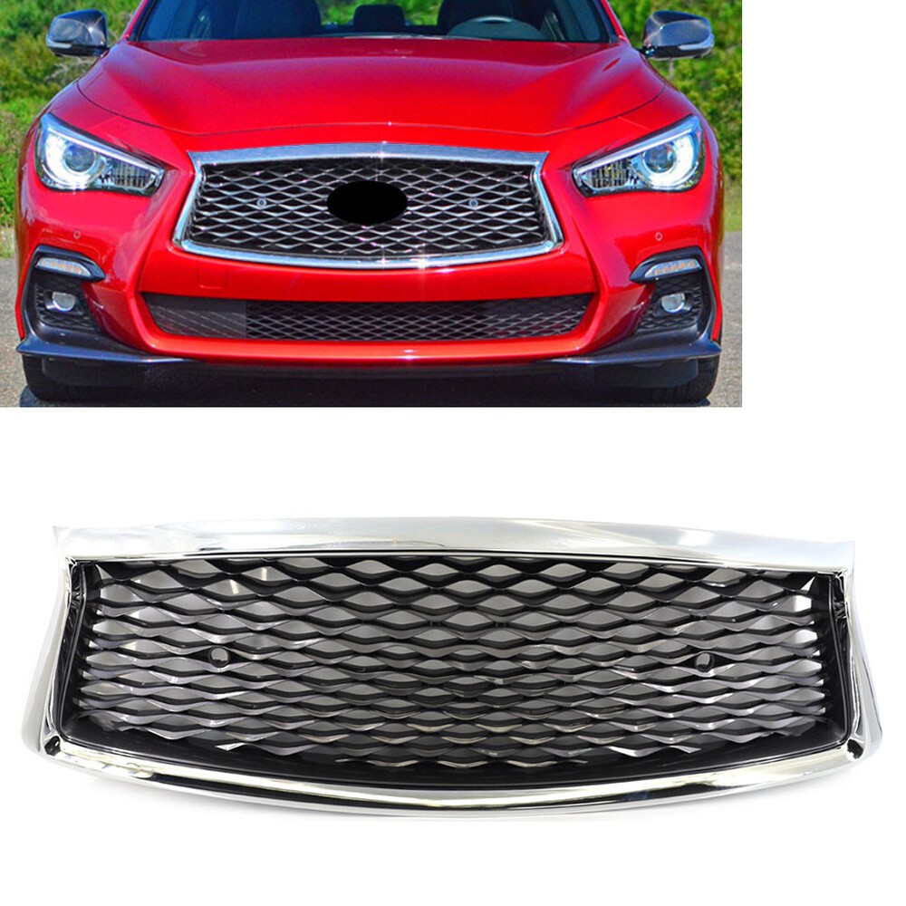 Chrome Front Honeycomb Bumper Center Upper Mesh Grille For Infiniti Q50 2018-23