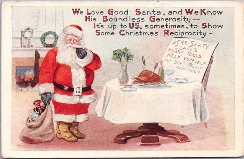 Vintage 1910s CHRISTMAS Embossed Postcard SANTA CLAUS / Cooked Turkey & a Note