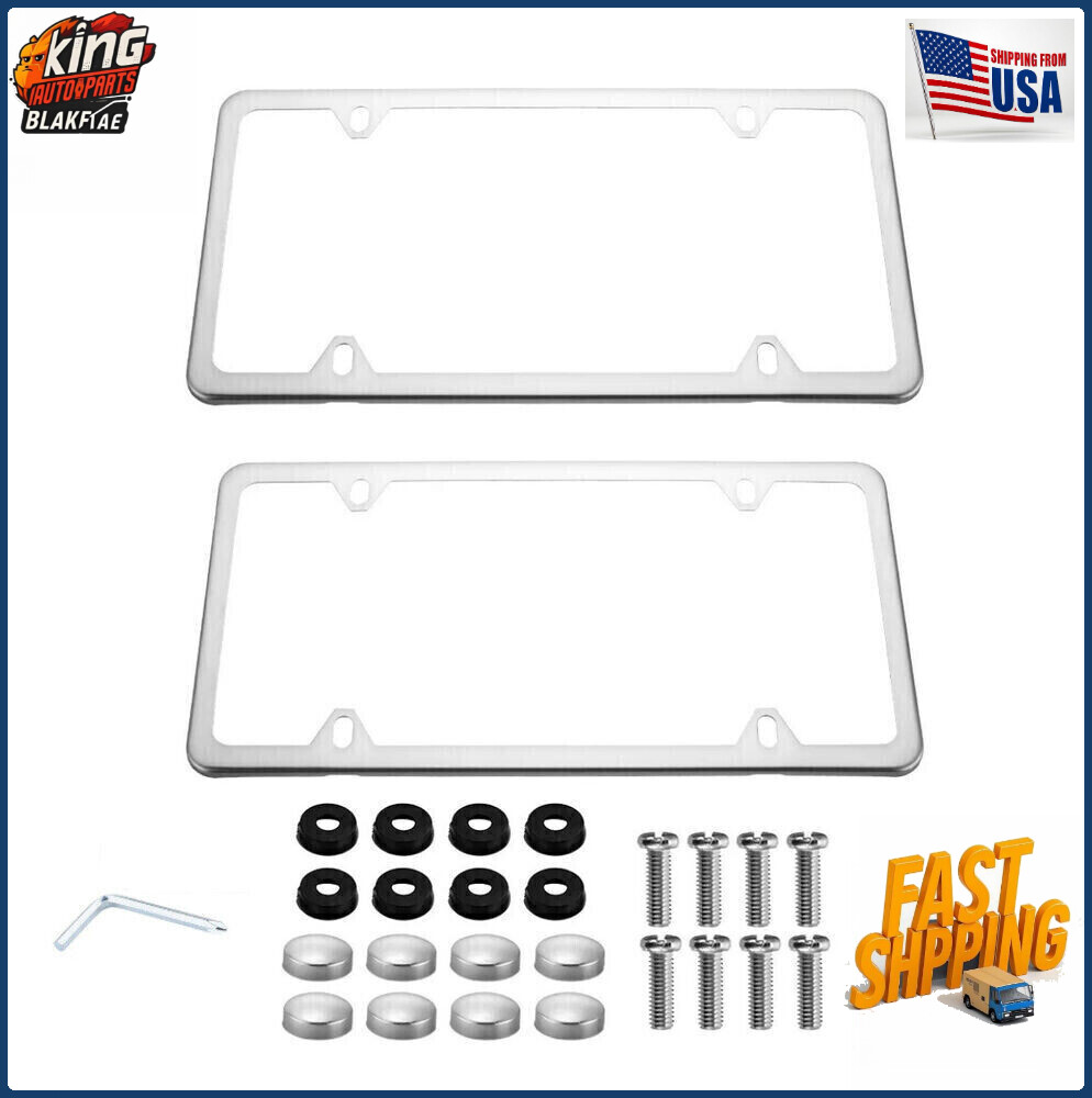 2PC Chrome Stainless Steel Metal License Plate Frame Tag Cover With Screw Caps