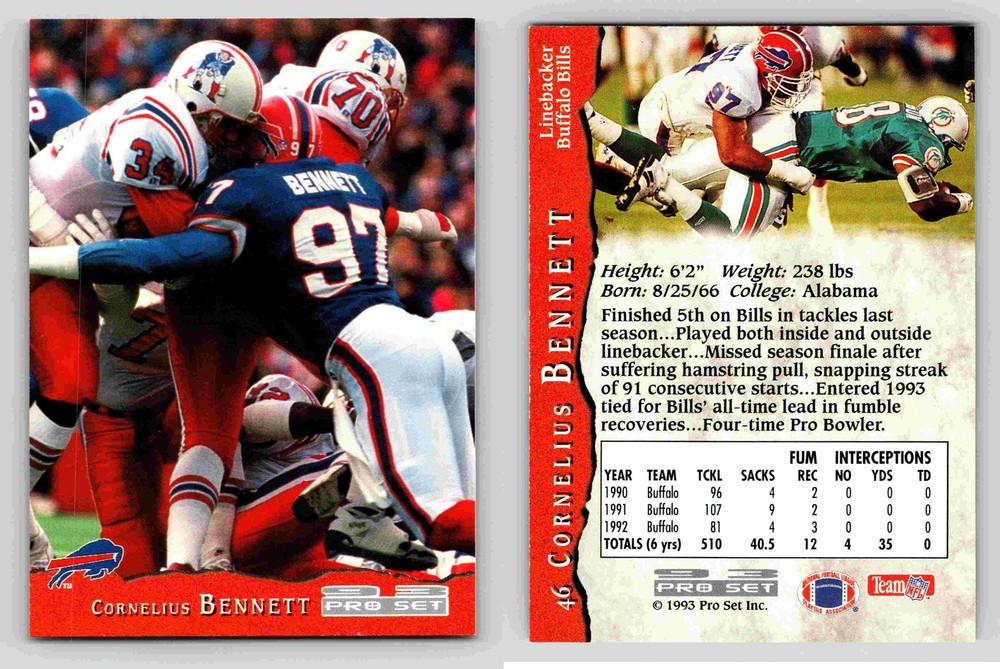 Cornelius Bennett Linebacker Buffalo Bills Pro Set 1993 Card 46 NFL