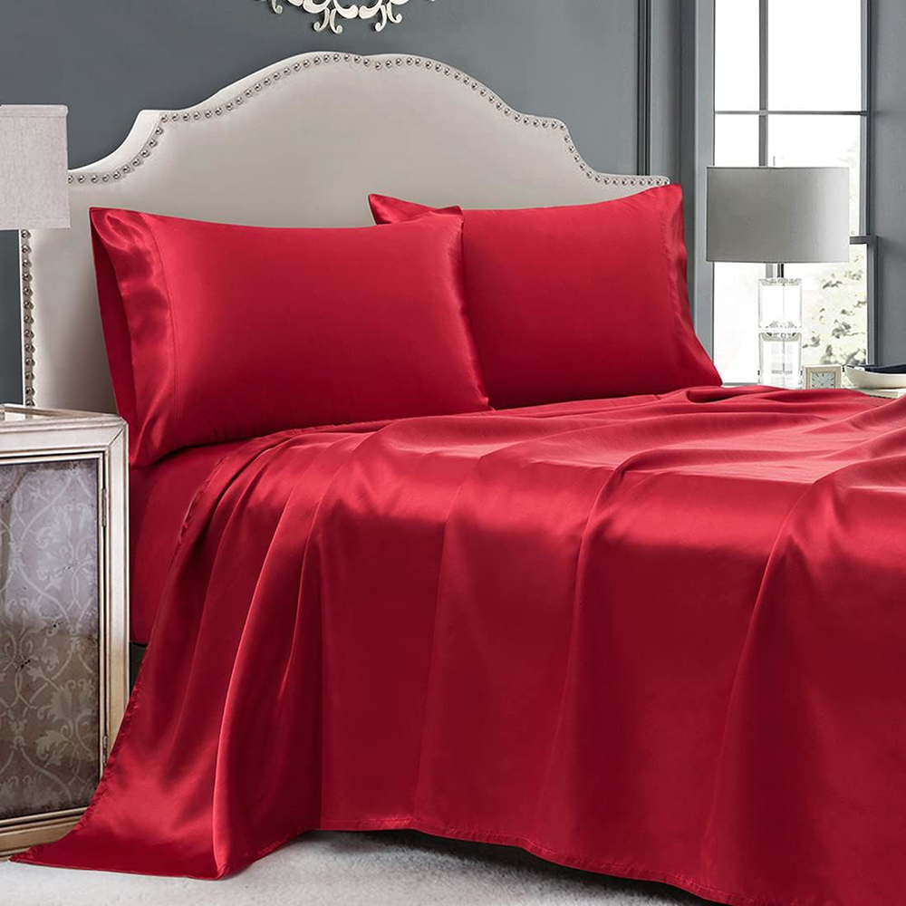 Red Satin Queen Bed Set - 4 Pieces Luxury Silky Sheets with Fitted and Flat