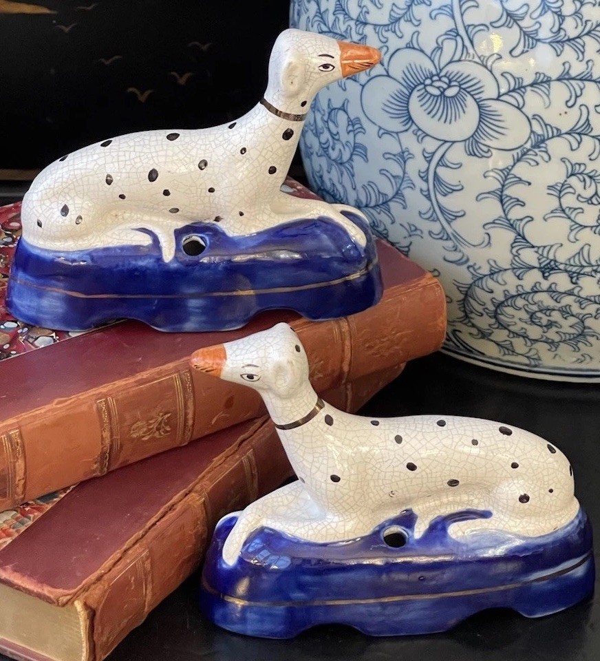 Stately 19C Antique English Staffordshire Dalmatian Hunt Mantle Dog Pair 5.25”