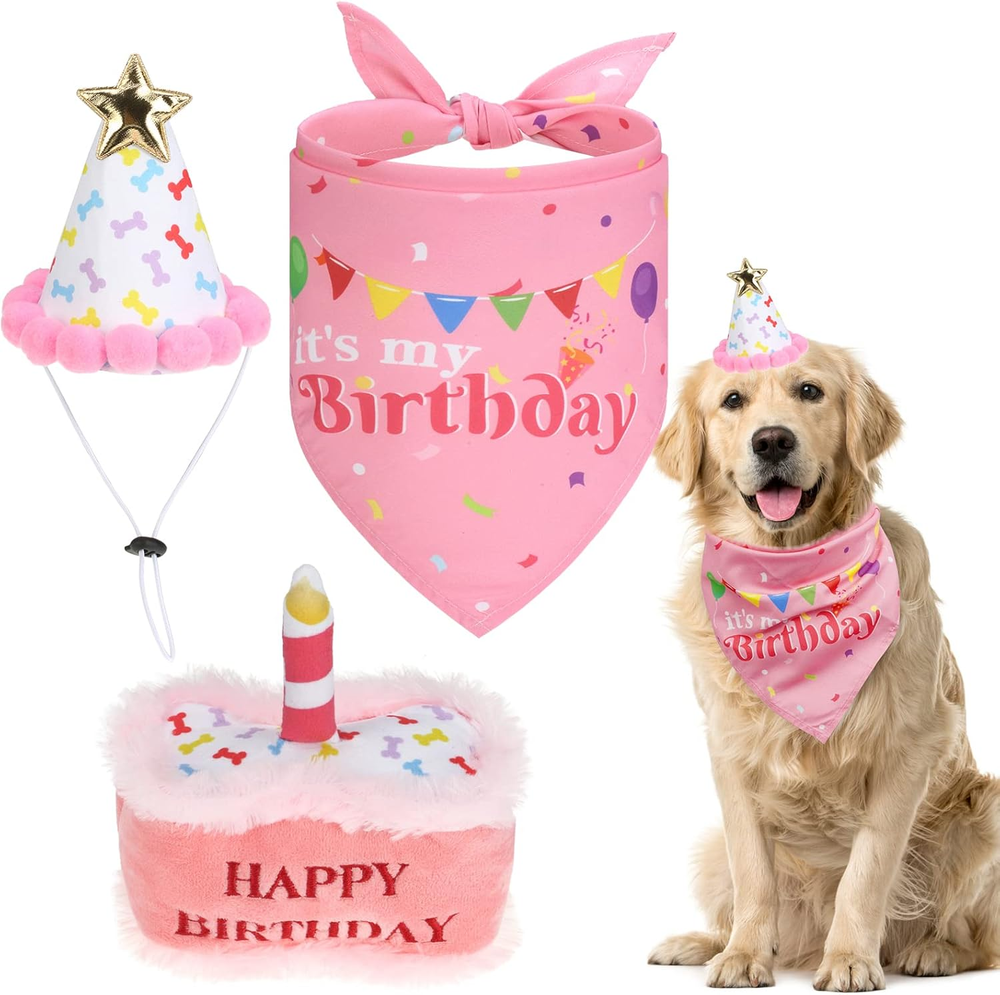 Dog Birthday Outfit - Cute Hat Bandana Scarf and Squeaky Cake Dog Toy for Birthd
