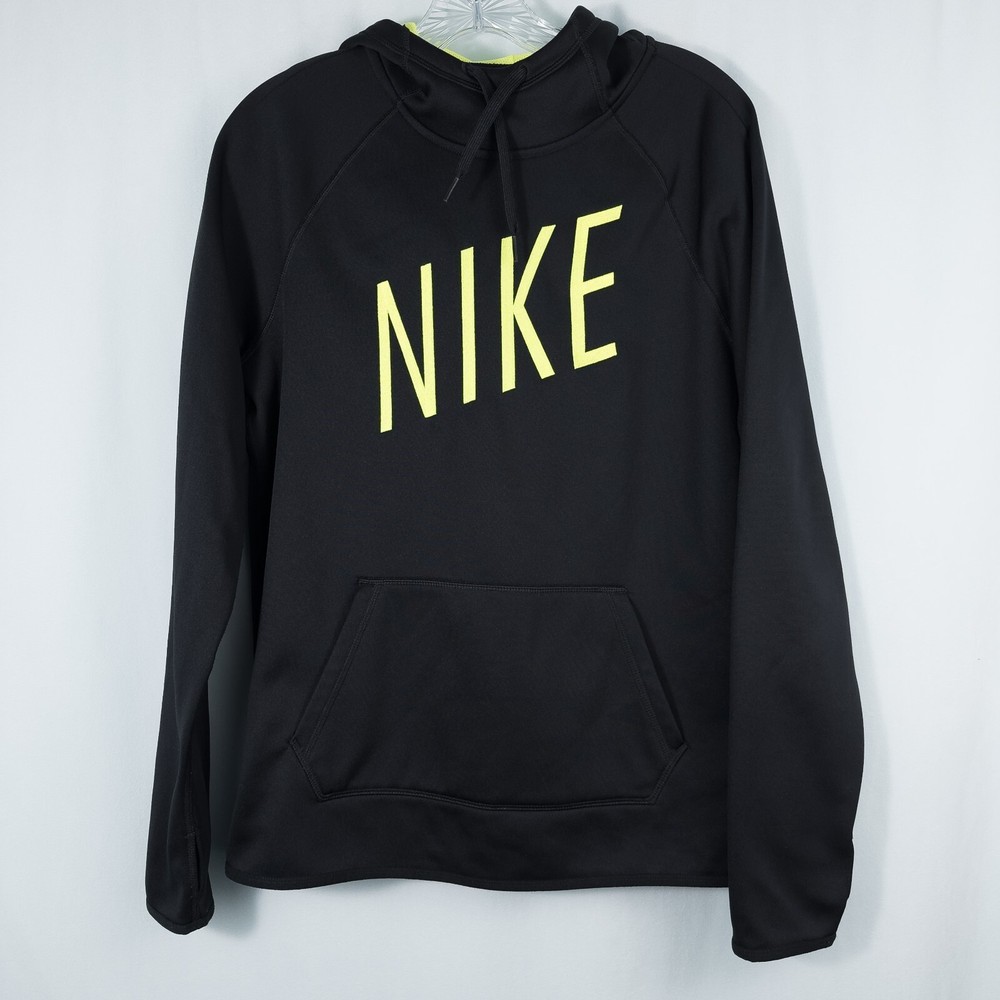 Nike Spell Out Therma Dri Fit Hoodie Womens Medium Embroidered Black Neon Green