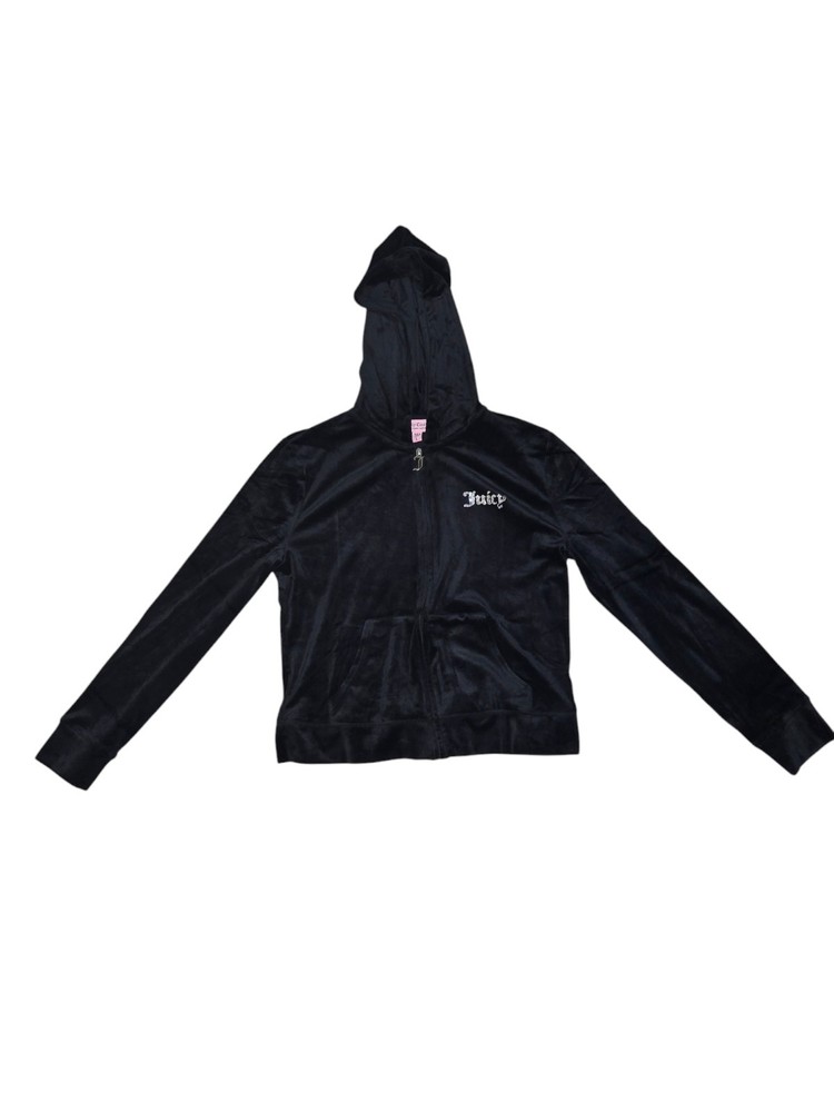 Juicy Couture Black Velour Zip Up Hoodie Crystal Logo Y2K Vintage Large