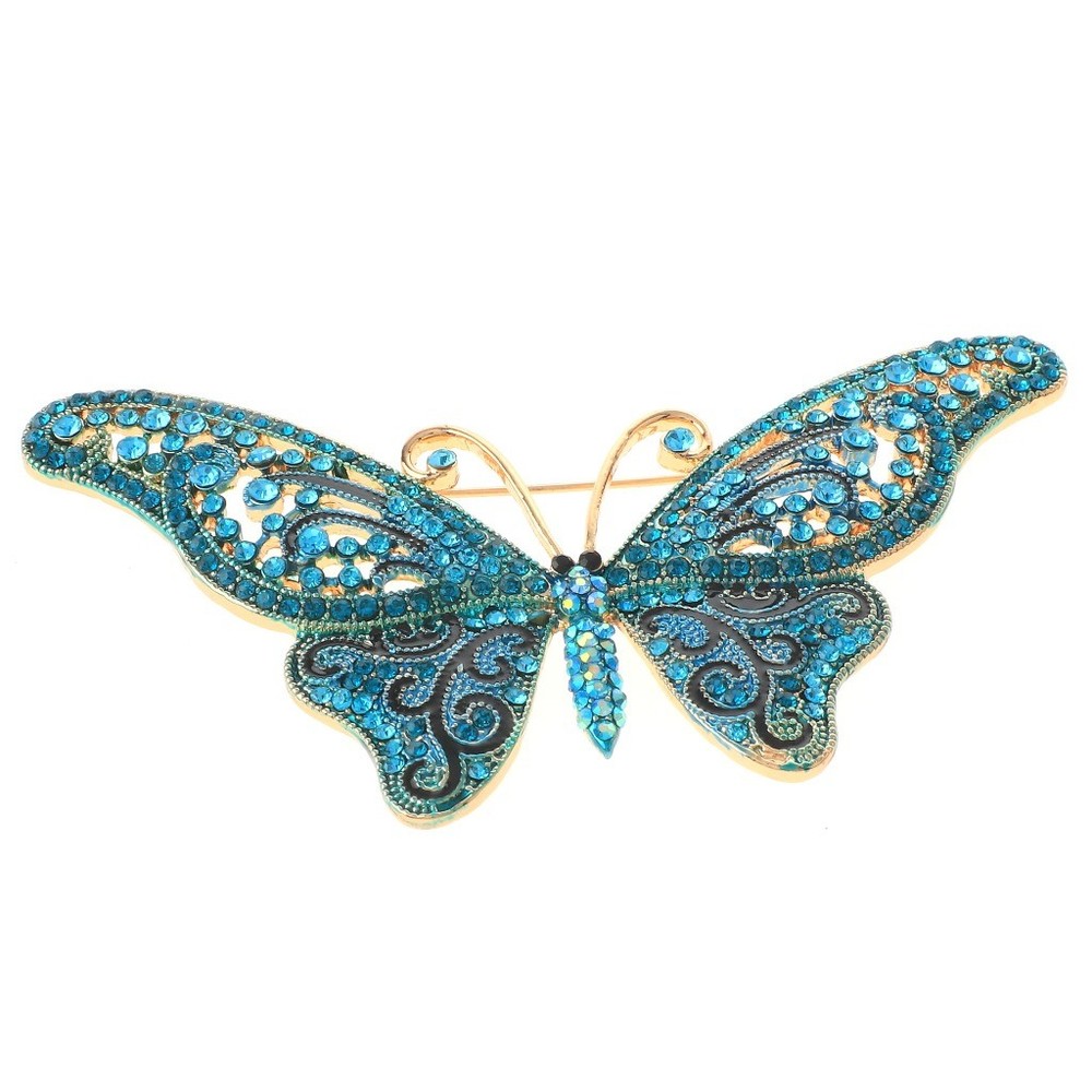 Gold Tone Large Metal Butterfly Brooch With Rhinestone P1218-BLU