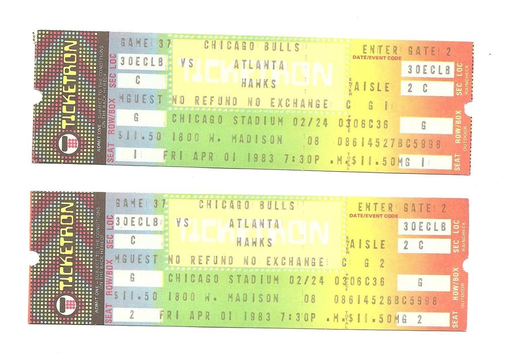 Chicago Bulls vs Atlanta Hawks Unused Basketball Tickets April 1, 1983