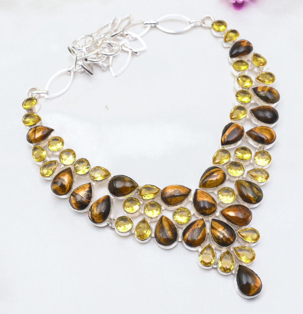 Tiger Eye and Citrine Gemstone Necklace Handmade in 925 Sterling Silver  