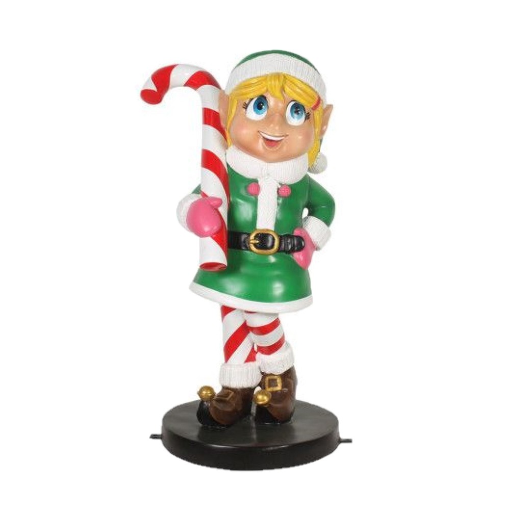 35in Fiberglass Elf Girl with Candy Cane Christmas Garden Decoration