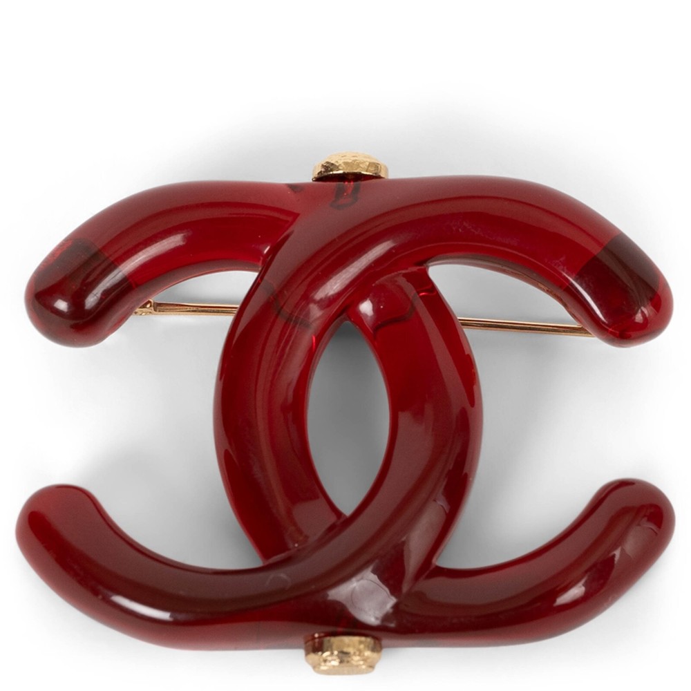 Chanel 22K Gold Plated Red Resin Large CC Brooch