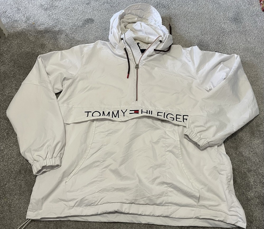 Tommy Hilfiger Vintage White XL Hooded Windbreaker Jacket Pullover Coat