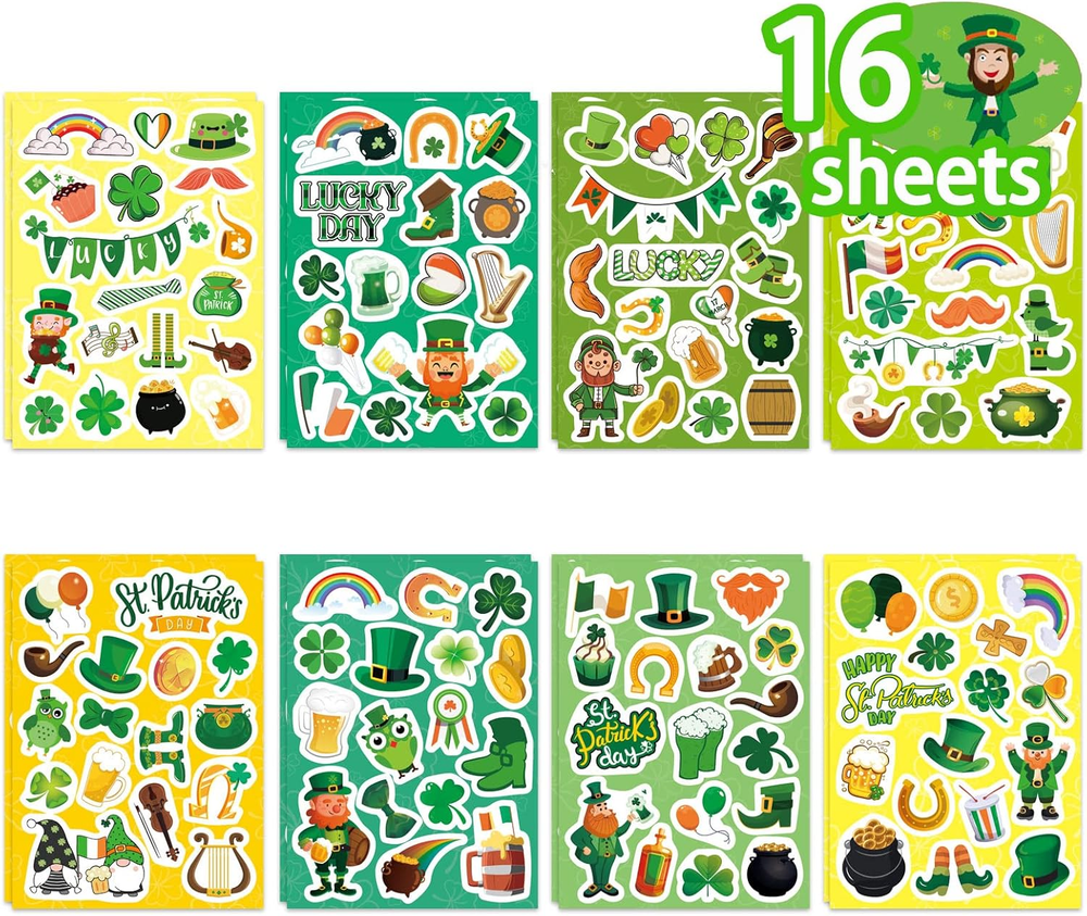 16 Sheets St. Patrick’S Day Theme Stickers for Kids-Lucky Shamrock Clover Hat Ir