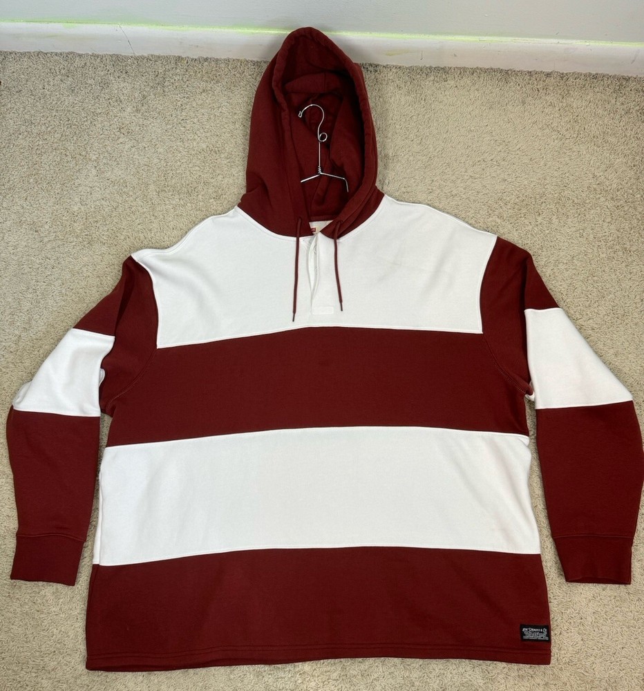 LEVI'S Men's Oversized Hooded Sweatshirt White Rust Rugby Stripe Size XXL Soft