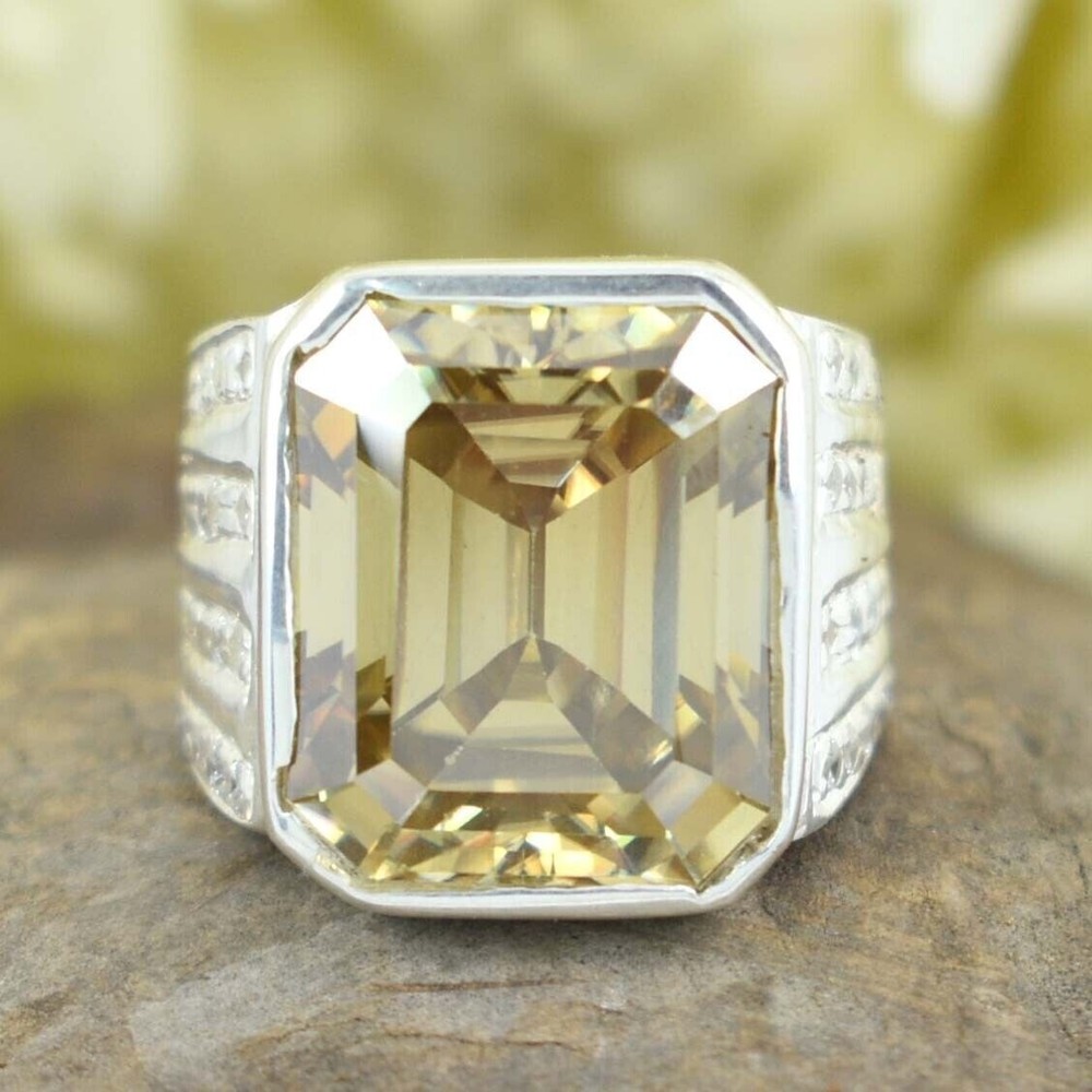 HUGE & RARE 35.00 Ct Emerald Cut Champagne Treated Diamond Ring 925 Silver