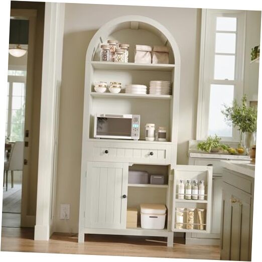 73-Inch Arched Vintage White Pantry Cabinet with Built-In Charging Station