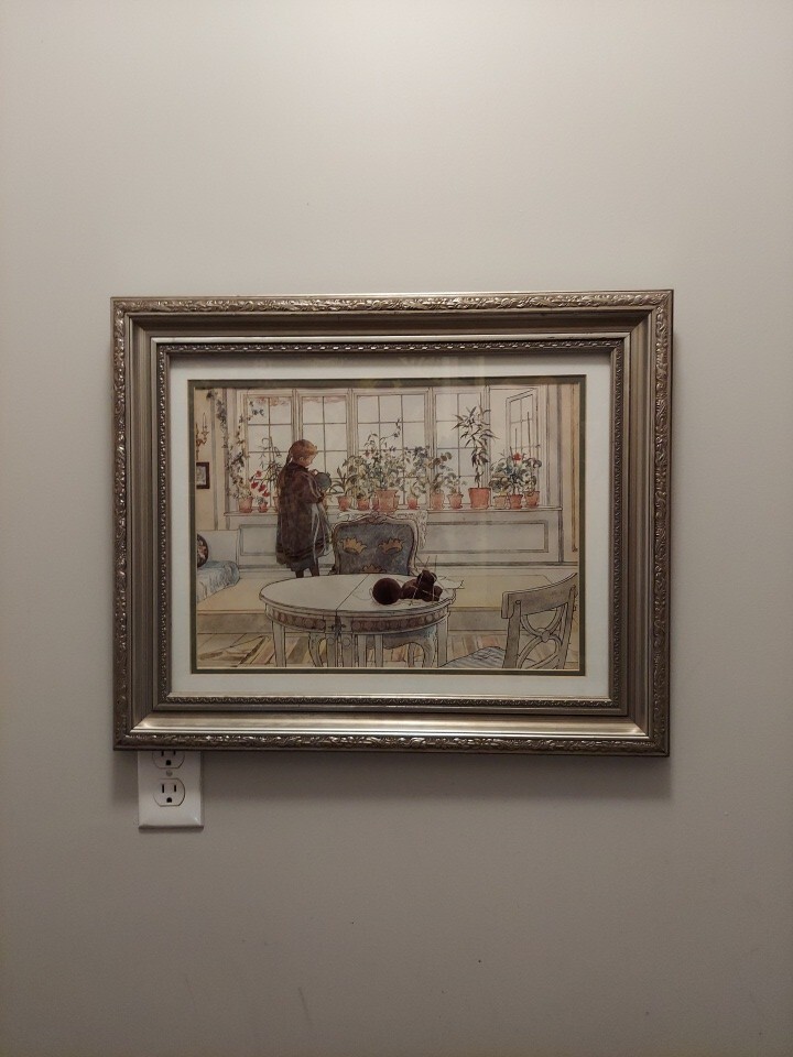 Indoor Scene Girl Watering Plants Double Matted and Framed Print