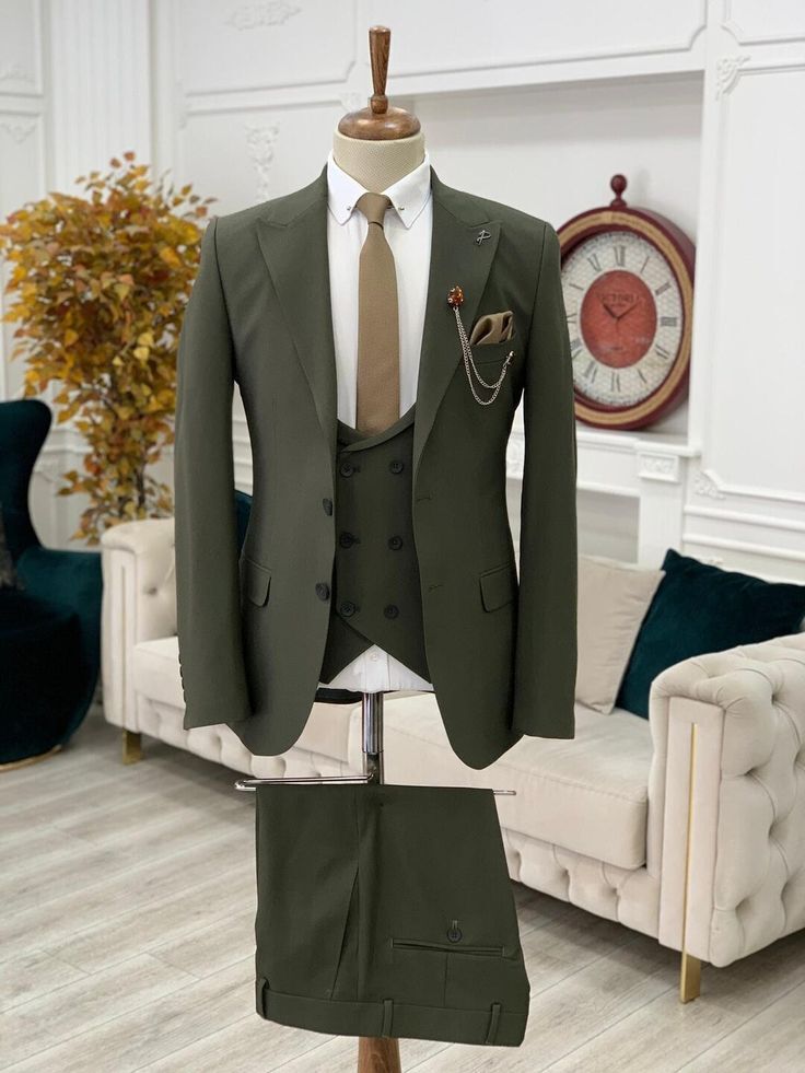 Army Green Peak Lapel Tuxedo Suit for Men Wedding Groom Prom Party Business Formal