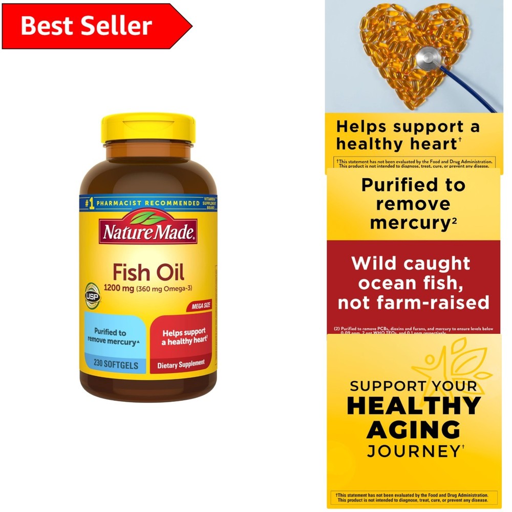 Unflavored Fish Oil Omega-3 Softgels for Heart Support - 230 Count, 15.2 oz