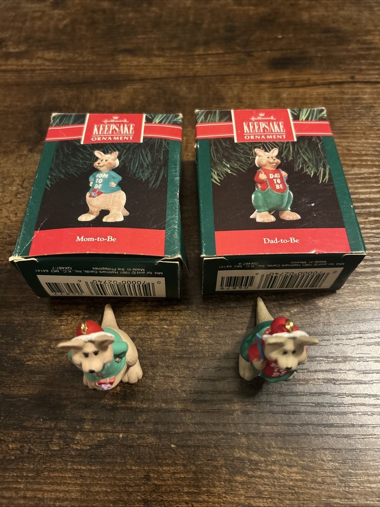 Vintage 1991 Hallmark Dad & Mom to Be Christmas Ornament Kangaroo in Box Lot S3