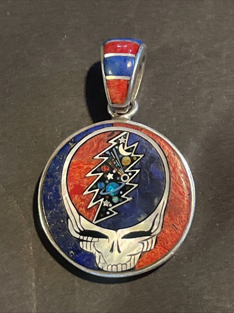 David R Freeland Inlaid Gemstone Grateful Dead Stealie Skull Pendant Silver Rare