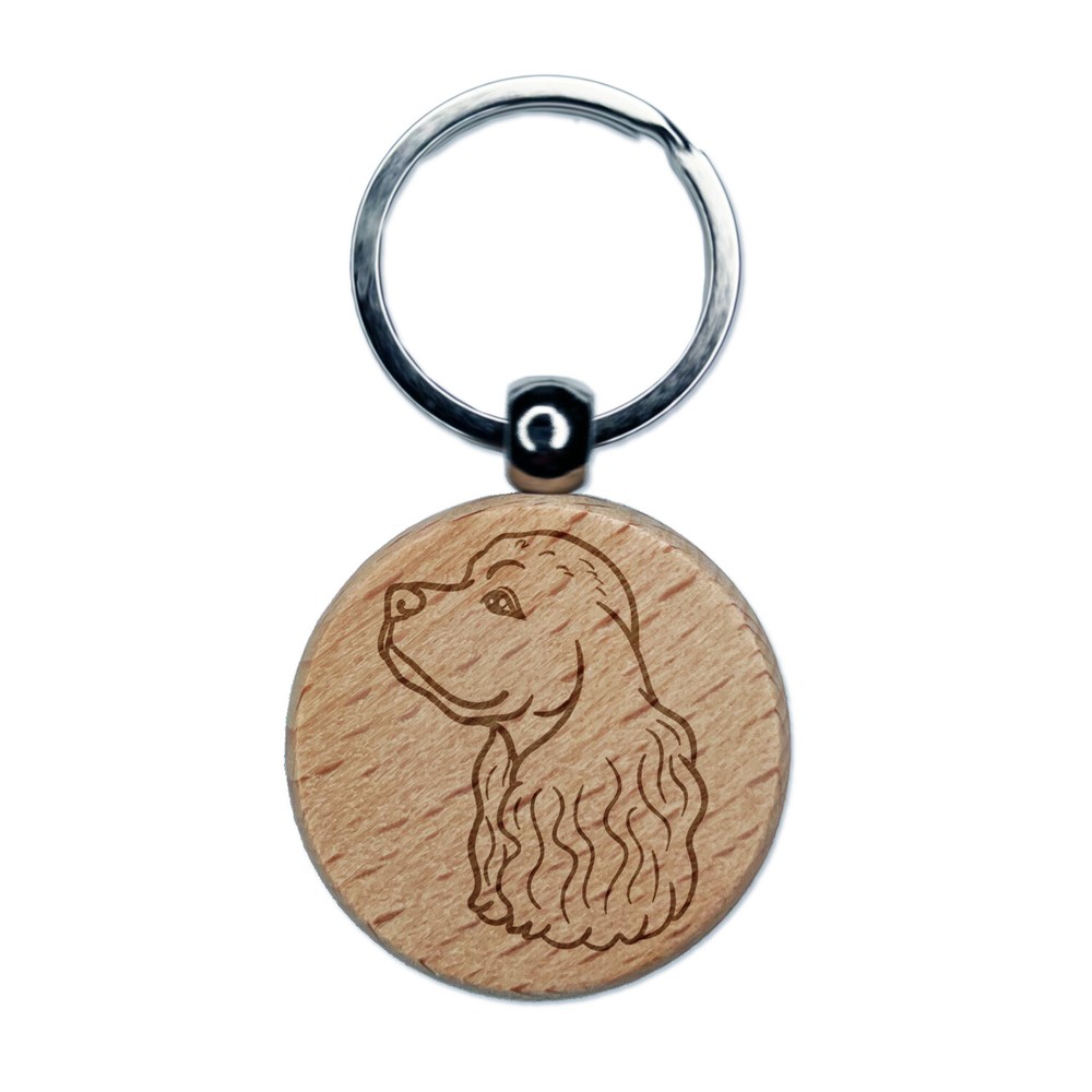 Cocker Spaniel Dog Head Engraved Wood Round Keychain Tag Charm