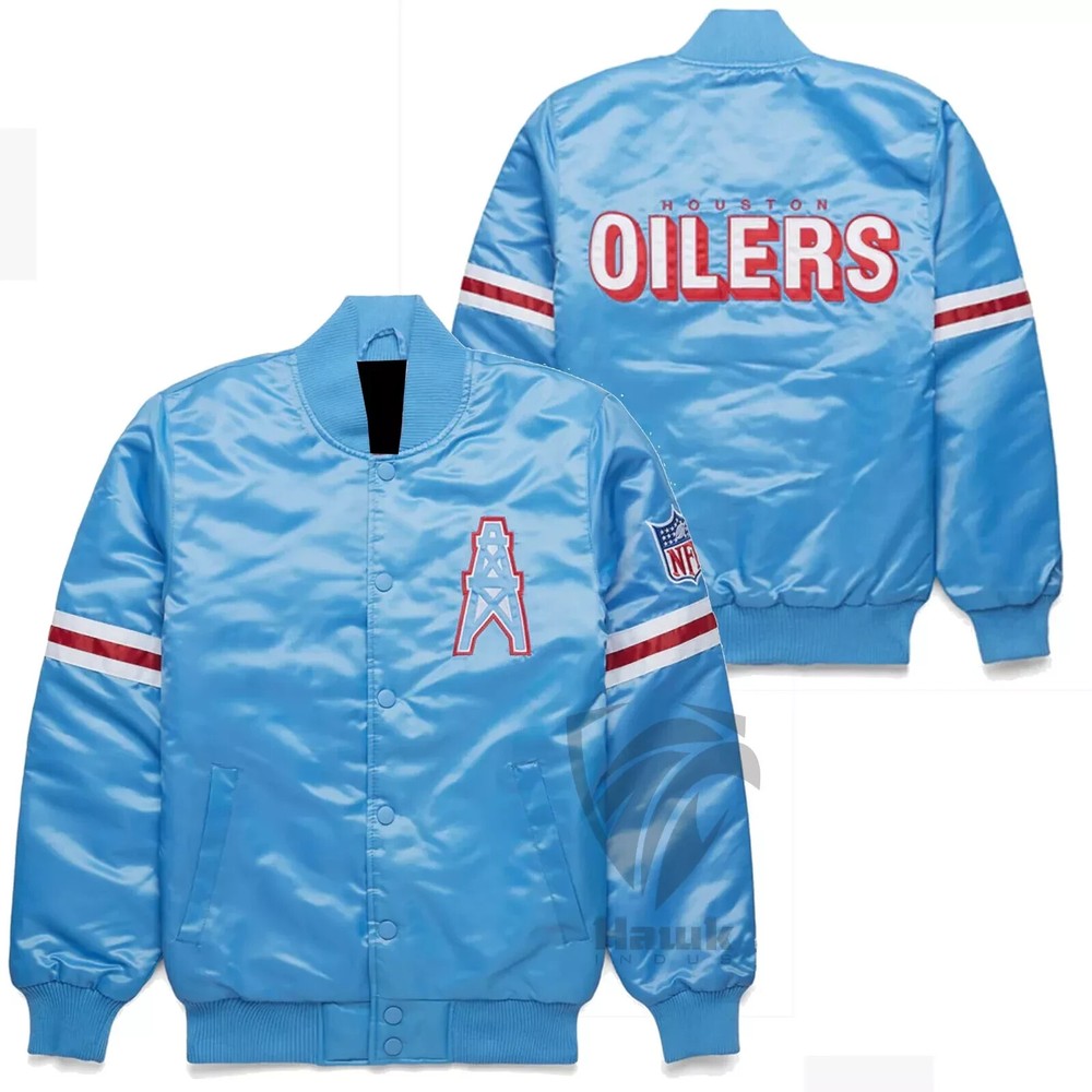 NFL Letterman Houston Oilers 90s Blue Satin Vintage Style Bomber Varsity Jacket