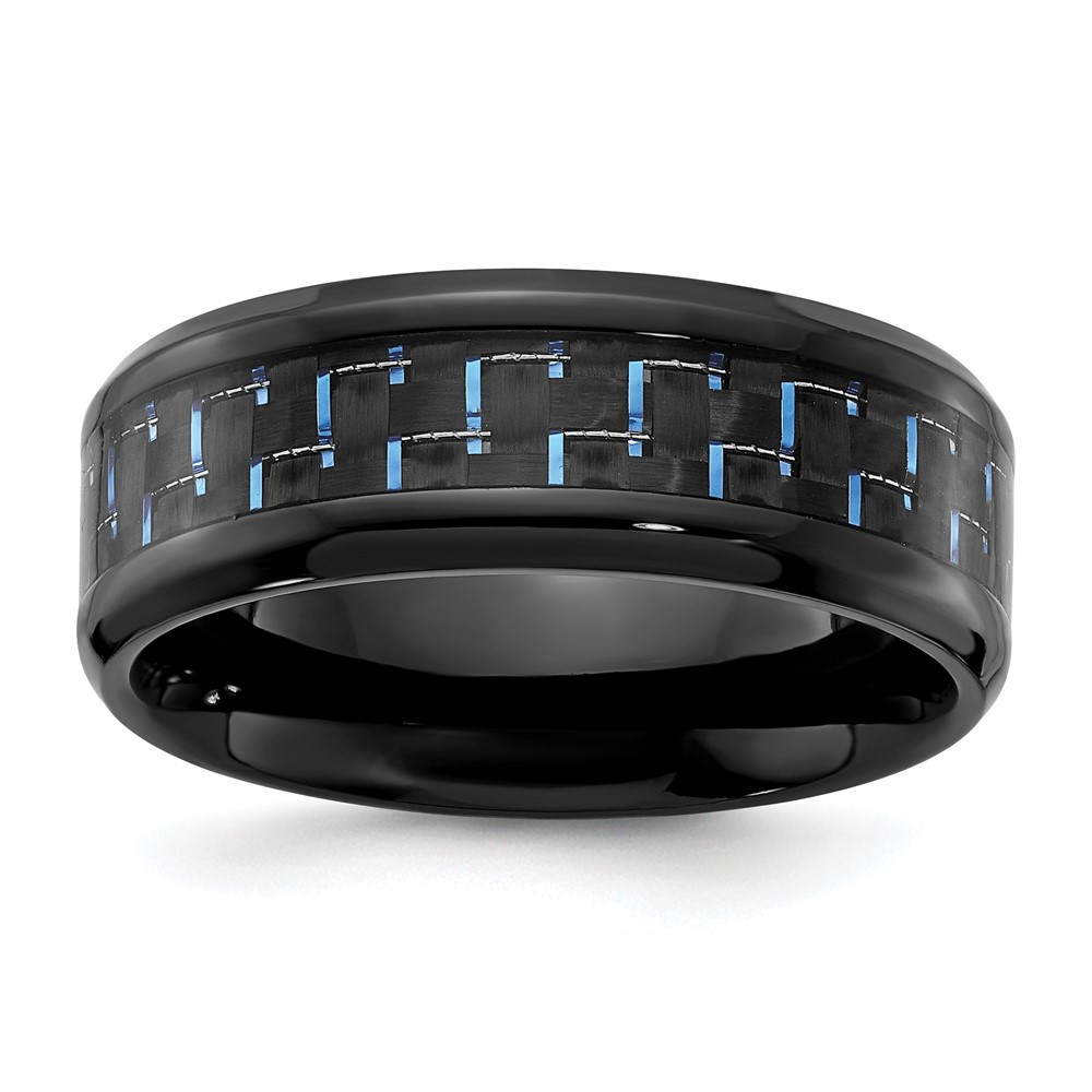 Black Titanium with Black and Blue Carbon Fiber Inlay 8mm Band Ring Size 11