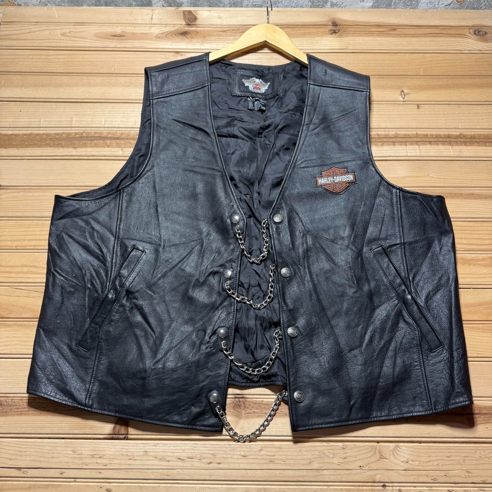 Vintage 90s Harley-Davidson Embroidered Genuine Leather Chain Biker Vest - 3XL