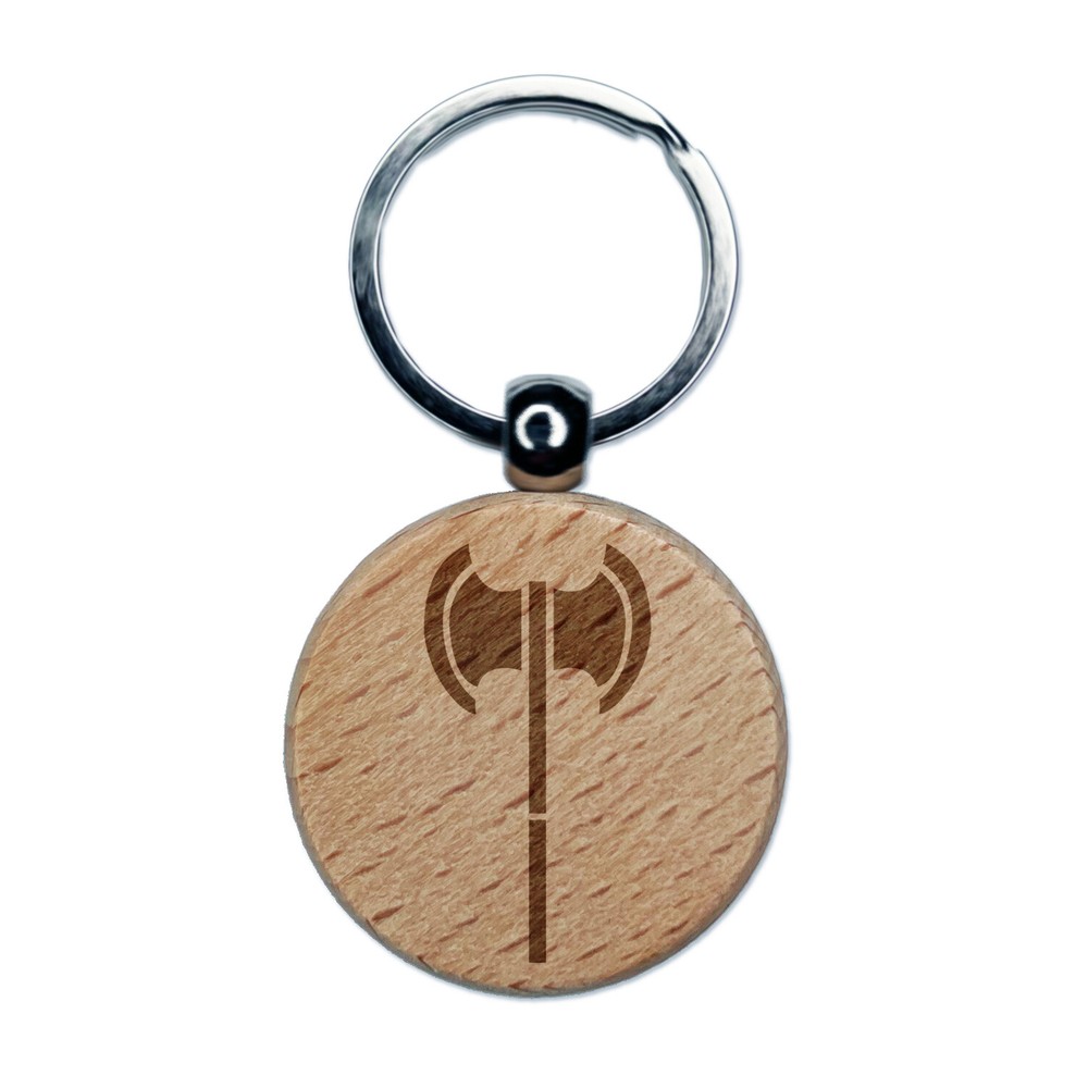 Medieval Battle Axe Engraved Wood Round Keychain Tag Charm