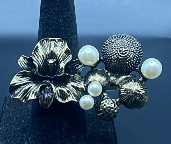 Gold Tone Pearl Flower Double Finger Cocktail Ring - Size 6