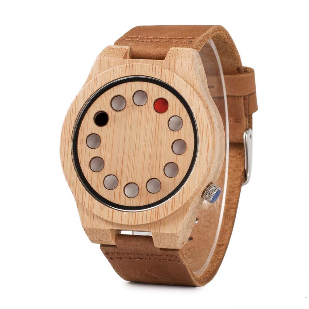 Men's Wooden Watch with Black Cowhide Leather Strap 12 Holes Timer Design Spo...