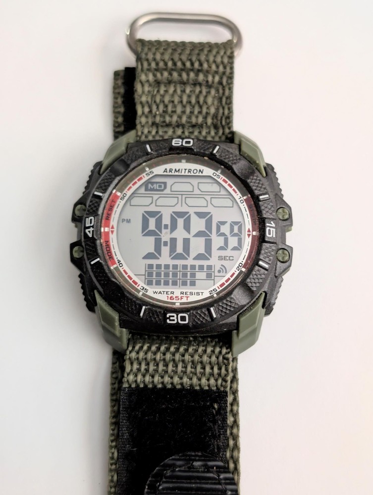 Armitron Digital Watch Army Green Canvas Watch Band Round Face 40/8371