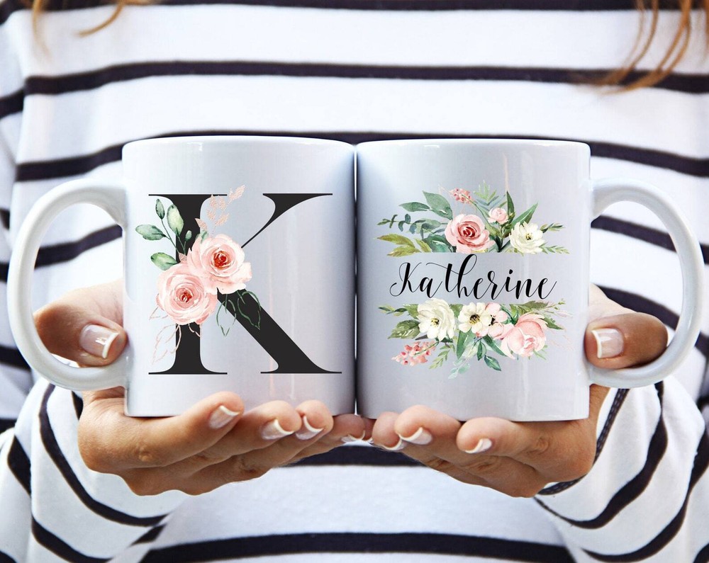 Initial Mug Name Mug Personalized Mug Black Letters Floral Name Mug Customized