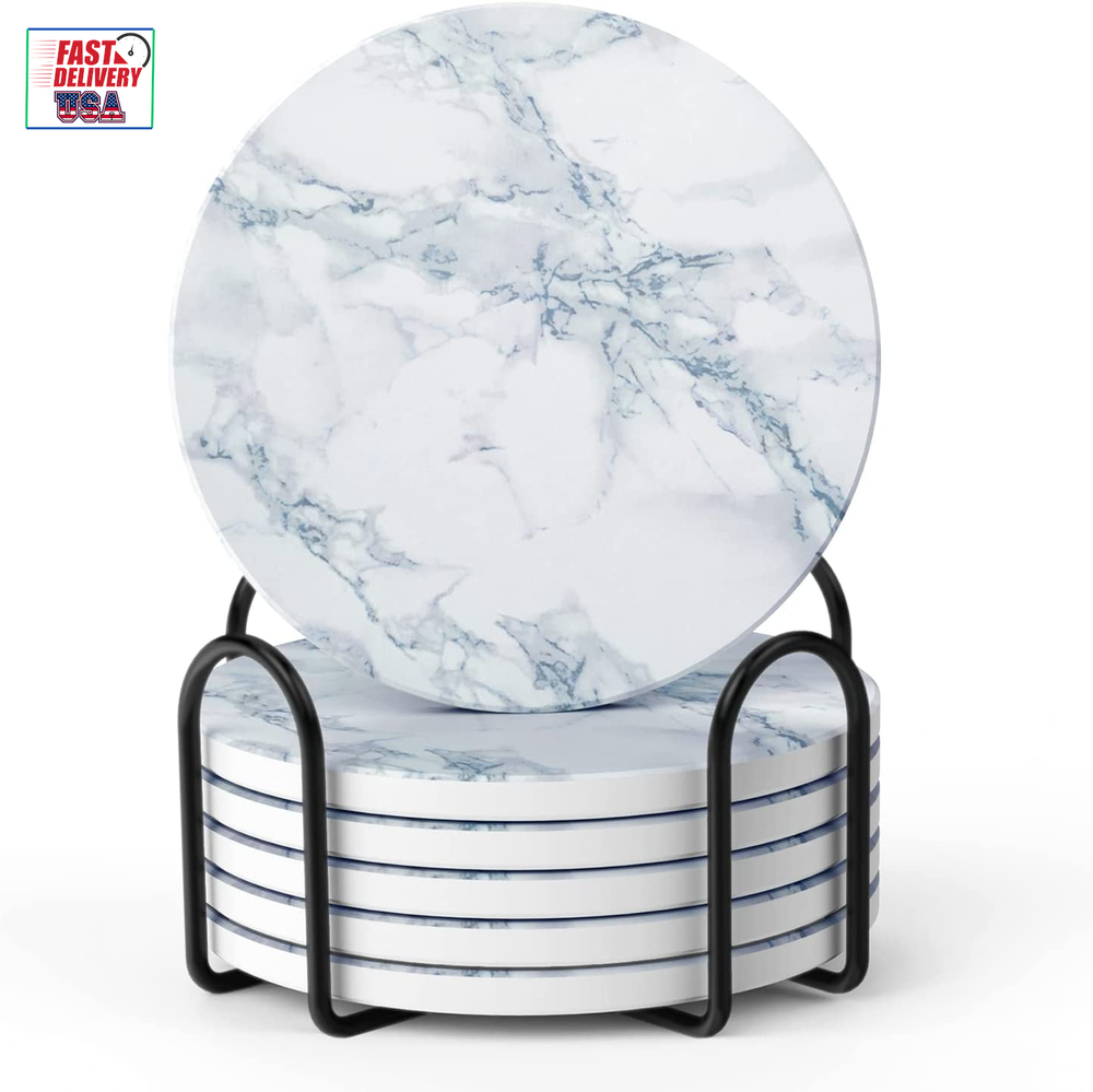 Coasters for Drinks, White Marble-Style Absorbent Coasters with Holder, Housewar