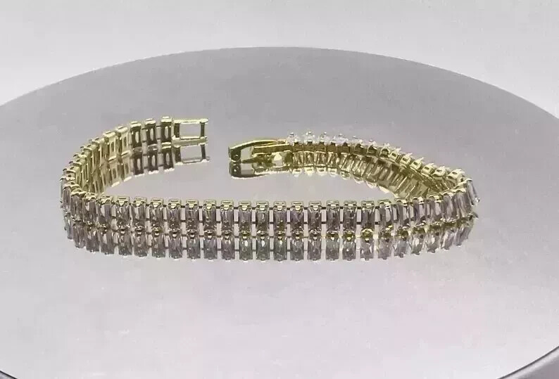 Lab-Created Baguette Diamond Tennis Bracelet 14K Gold Plated 6Ct 7 Inch