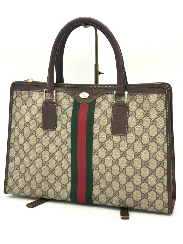 Vintage Gucci Sherry Line GG Briefcase Business Bag PVC Leather Brown Authentic