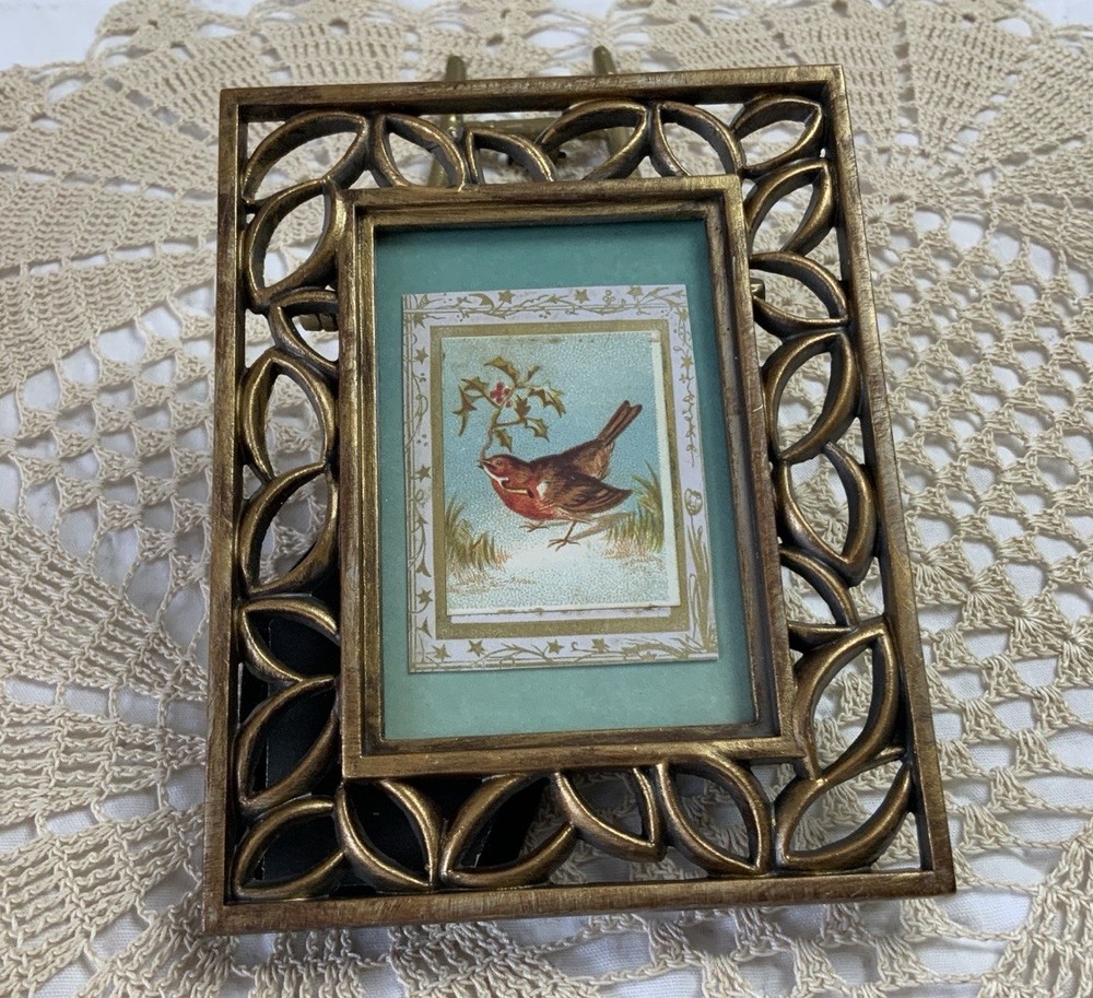 Antique Framed Victorian Trade Card, Bird With Leaves, Antique Ephemera