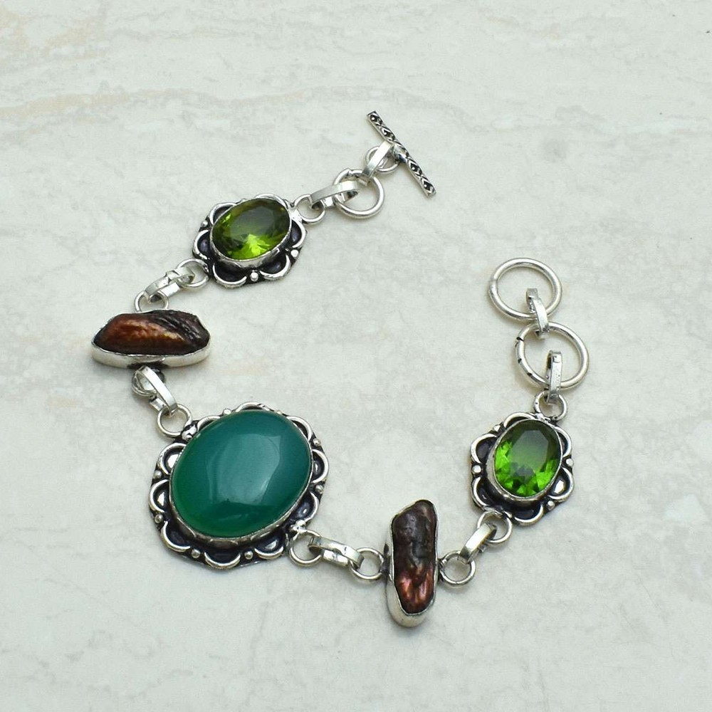 Green Onyx Biwa Pearl Ethnic Handmade Bracelet Jewelry 23g AB-68880