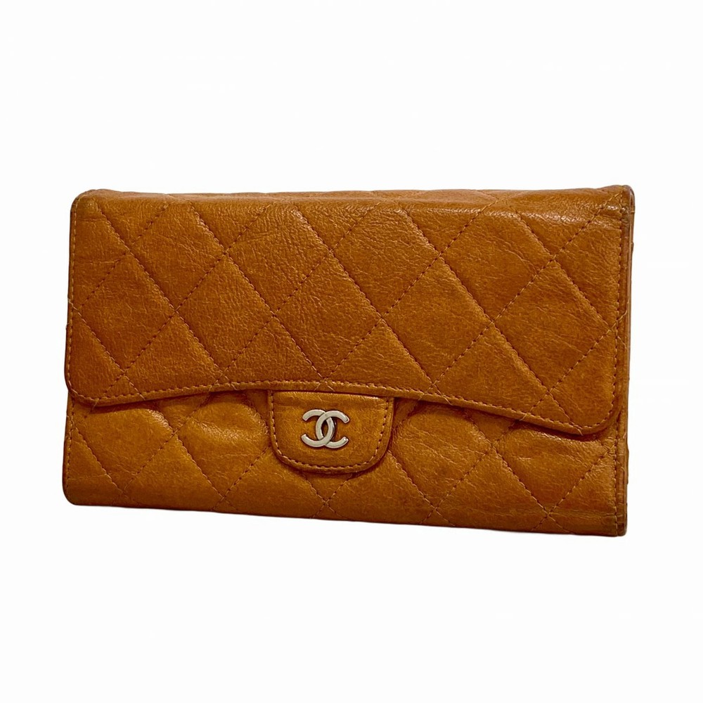 CHANEL Tri-Fold Long Wallet Matelasse Leather Orange Brown Silver Qing