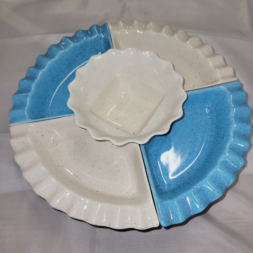 Vtg 5 Pc. Set Blue & White W/speckles California USA 224 Pottery Revolving Tray