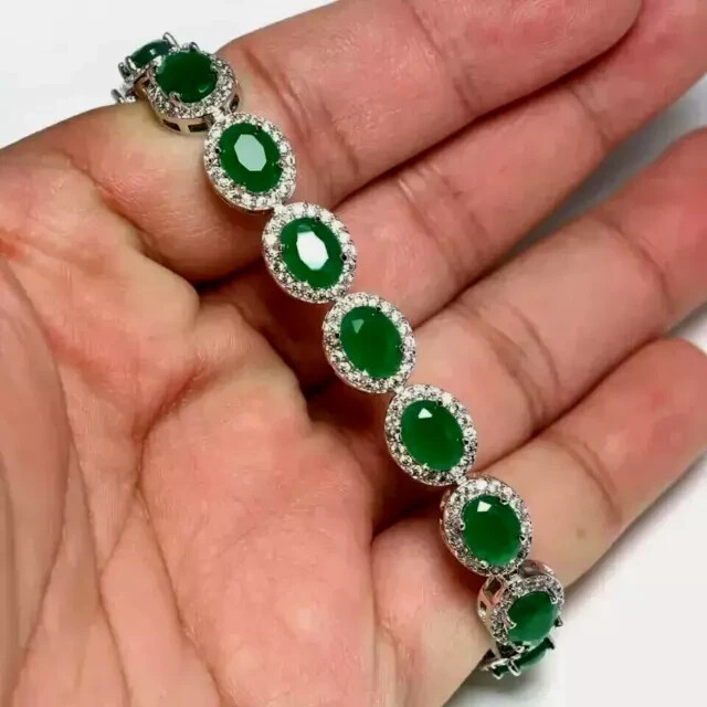 14K White Gold Plated 8CT Oval Lab-Created Emerald Tennis Bracelet for Women