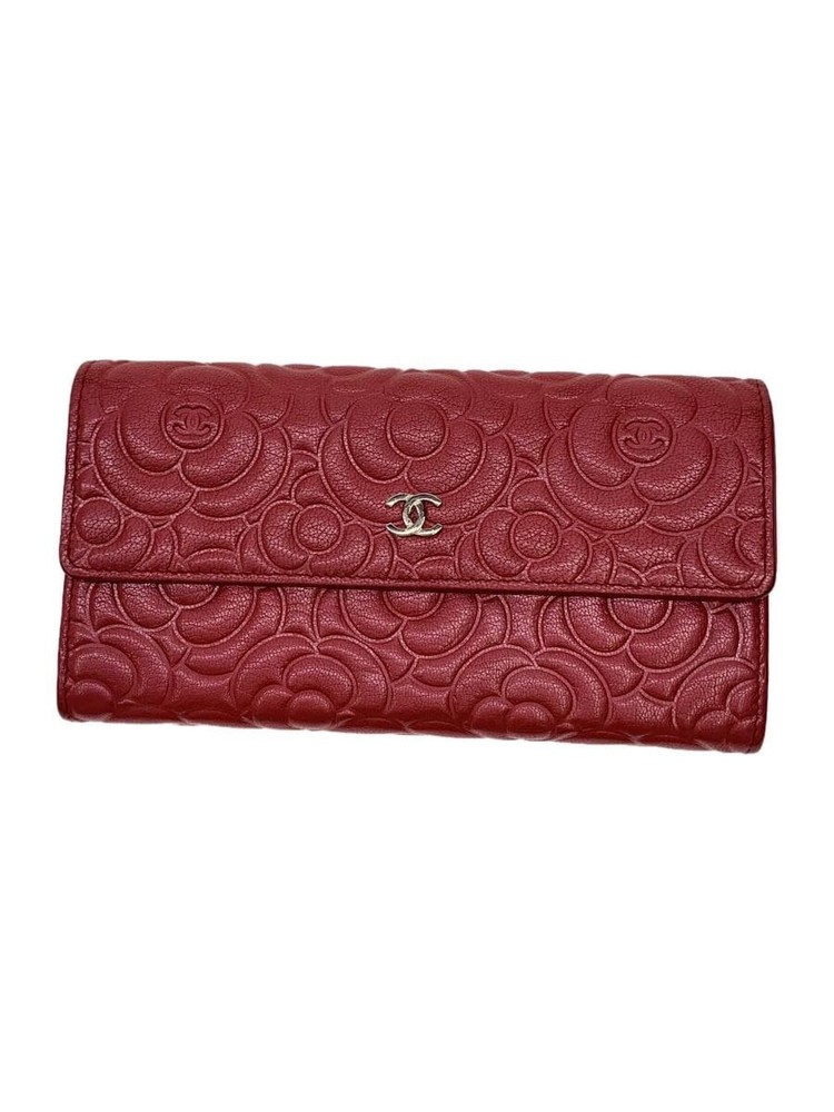 CHANEL Long Flap Wallet Camellia Embossed Pink Leather F/S Pre-Loved