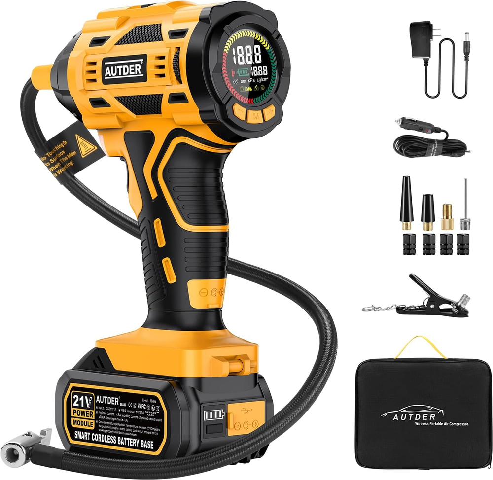 Cordless Tire Inflator, 180PSI Portable Air Compressor with 21V Rechargeable Bat