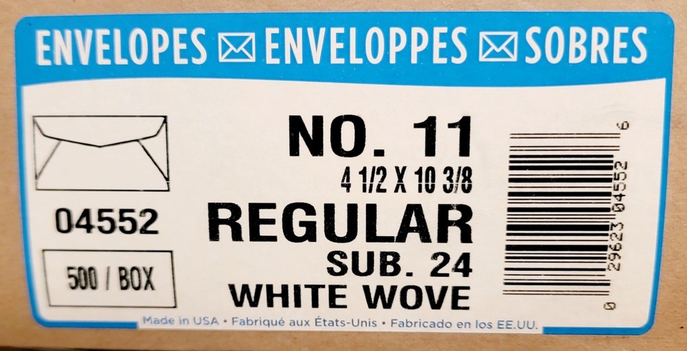 500 #11 Business Envelopes 4 1/2 x 10 3/8Sub 24 White Wove (BULK)