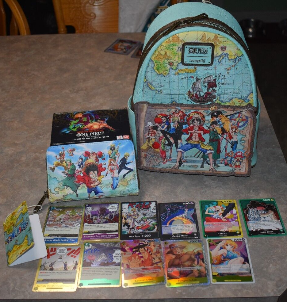 Loungefly One Piece Straw Hat Pirates Backpack Wallet Set with Opened Booster Box