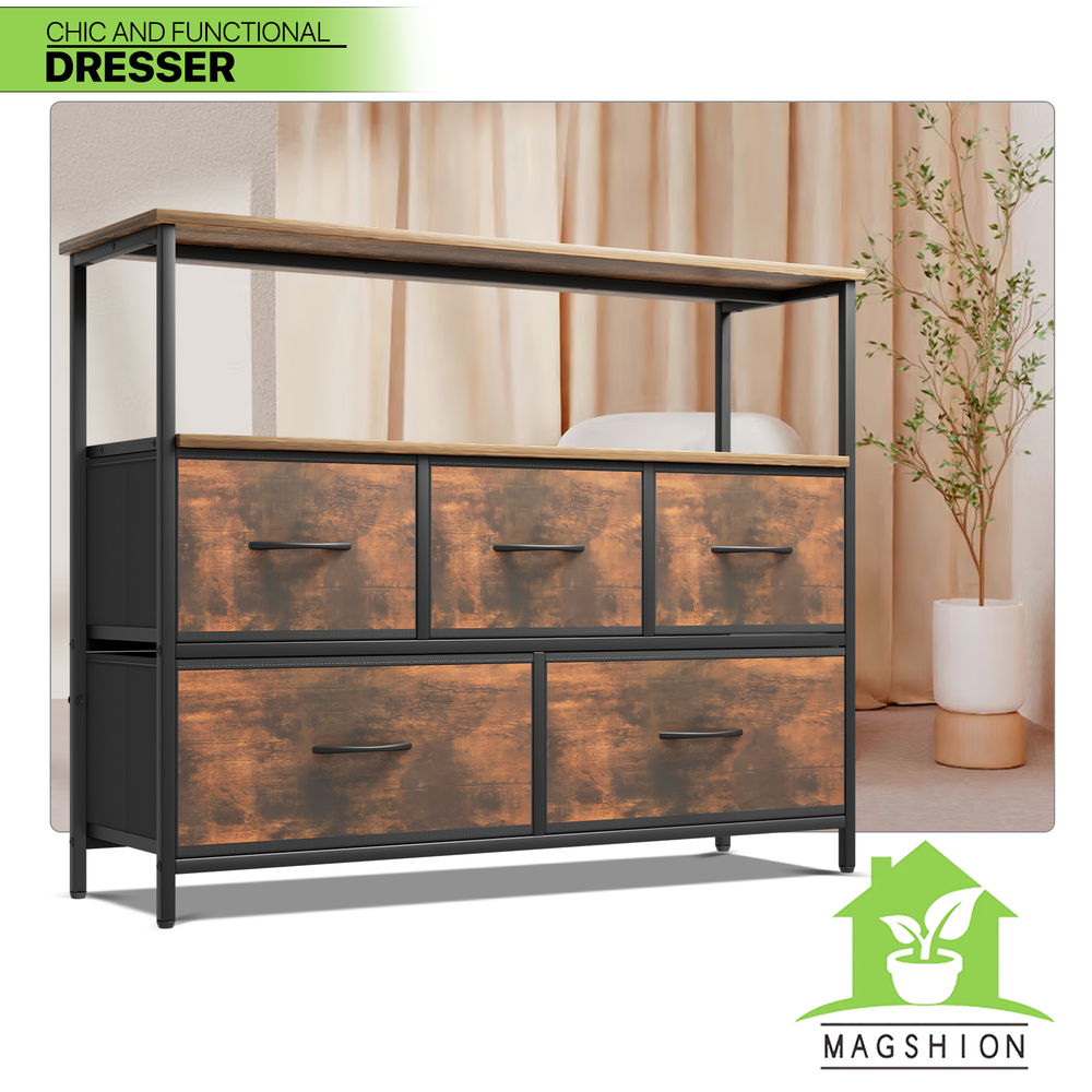 5-Fabric Storage Dressers Chest of Drawers Rustic Storage Unit Bedroom Furniture