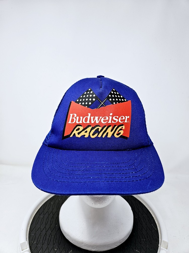 Vintage Budweiser Racing 90s Blue Mesh Trucker Hat USA Made FAST SHIPPING