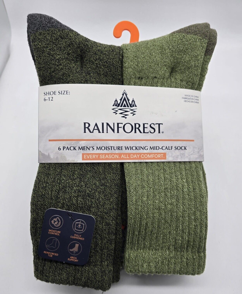 Rainforest Mid-Calf Socks 6-Pack for Kids Size 6-12 in Green Gray Black Reinforced Heel