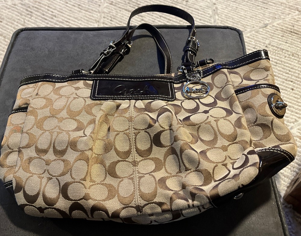 Coach Signature F14281 Pleated East West Gallery Brown Shoulder Handbag Purse