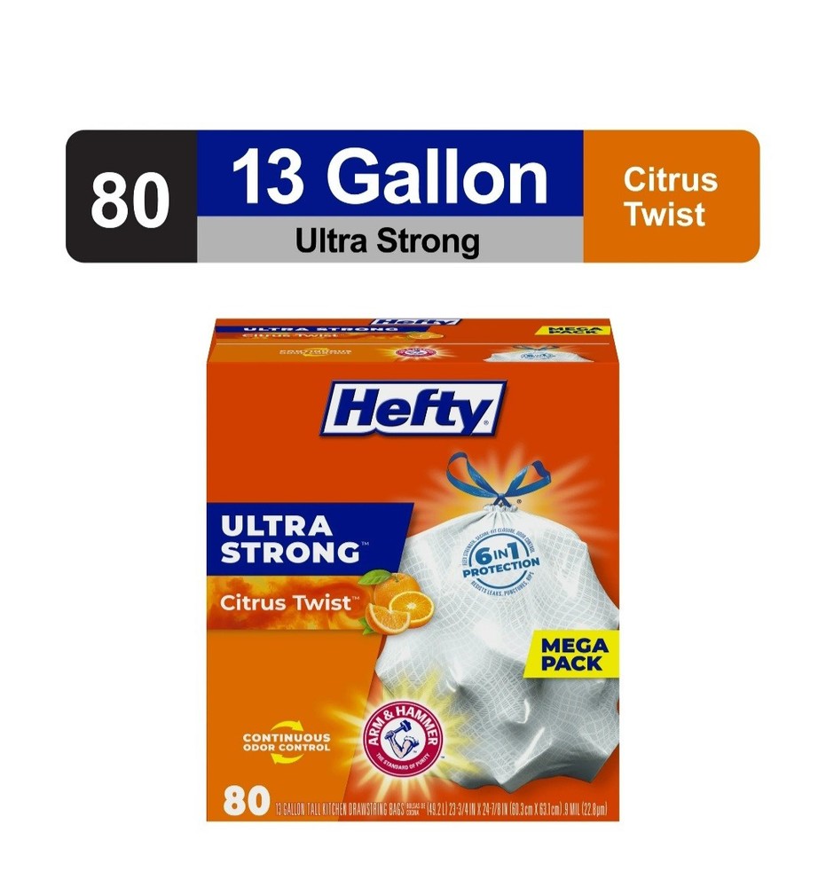 Hefty Ultra Strong Tall Kitchen Trash Bags, 13 Gallon Citrus Twist Scent, 80 CT